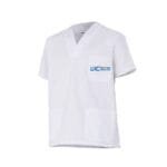 casaca cuello pico unisex de color blanco y logoa zul de la UIC barcelona university