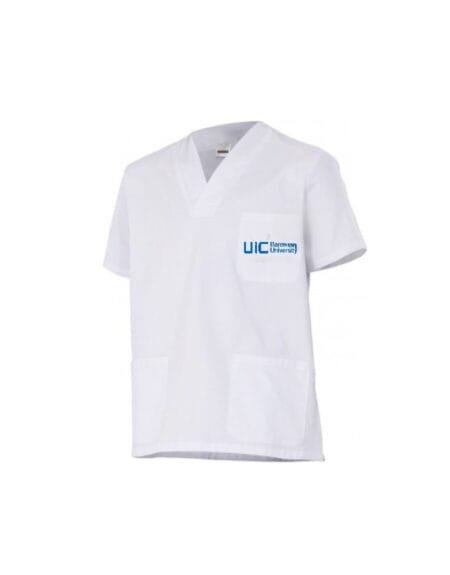 casaca cuello pico unisex de color blanco y logoa zul de la UIC barcelona university
